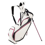 Fourteen Golf stand bag in cream and burgundy colorway with dual stand legs deployed, showing full profile with dual shoulder straps, multiple zip pockets with burgundy accents, and padded top cuff on white background