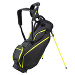 A black and yellow golf stand bag with a metallic icon on the side, equipped with a handle and a stand.