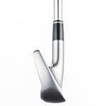 Fourteen TB-M iron sole and hosel view showing polished chrome finish, narrow sole width, V-shaped relief cut, and dark ferrule with white accent ring on white background