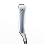 Fourteen TB-M iron top rail view showing polished chrome 7 iron head with clean muscle back profile, engraved club number, and brushed hosel connecting to steel shaft on white background
