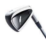 Fourteen TB-M iron back cavity close-up showing 7 iron head with two-tone chrome and matte black finish, raised feather logo badge, and dark hosel ferrule on white background
