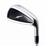 A close-up of a golf iron with a silver head, black and gray detailing, showing the design of the club face and the brand's logo.