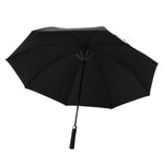 Fourteen Golf black large golf umbrella fully open showing underside canopy with eight-panel construction, metal rib frame, and foam grip handle, on white background
