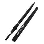 Fourteen Golf black golf umbrella closed alongside its black fabric carry sleeve printed with FOURTEEN branding in white, both displayed on white background
