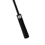 Close-up of Fourteen Golf black umbrella handle showing soft foam grip and silver push-button auto-open mechanism on black shaft, displayed on white background
