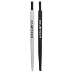 Black and white umbrellas  with Fourteen logos side by side