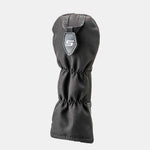 Fourteen Golf black utility wood headcover with ballistic nylon body, elasticated neck, PU leather base trim, and interchangeable black shield tag showing embroidered S number, displayed on light grey background