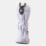 Fourteen Golf white utility wood headcover with elasticated neck, black piping trim, and interchangeable black shield tag showing embroidered S number, displayed on light grey background