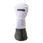 A white golf utility headcover with black detailing at the bottom, featuring a leather-like cut and the FOURTEEN brand logo.
