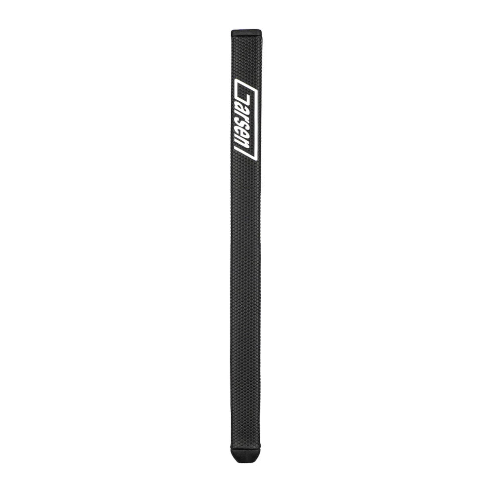 Black golf club grip with a logo on a white background