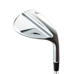 A close-up image of a golf wedge with a chrome satin finish and a visible brand logo.