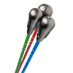 Three SuperSpeed Golf Speed Sticks Pro with green, blue, and red shafts, featuring a metallic head.