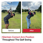 Before and after comparison showing improved arm position and swing mechanics using the TRS Ball golf training aid