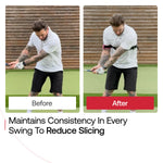 Before and after comparison demonstrating improved swing connection and reduced slicing with the TRS Slider golf training aid