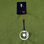 Golf practice device with golf club and ball on a green surface