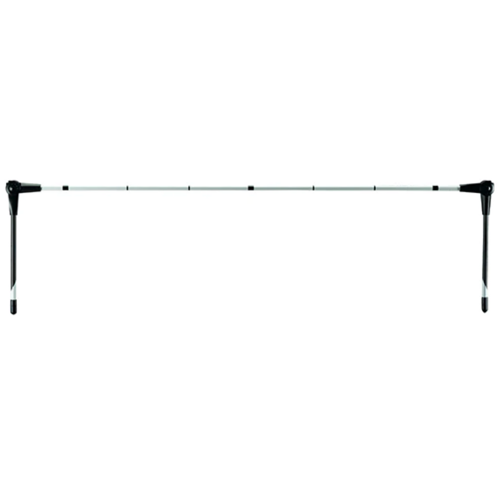 A silver golf alignment stick with black ends and hinges, designed to be used as a training aid for various golf strokes.