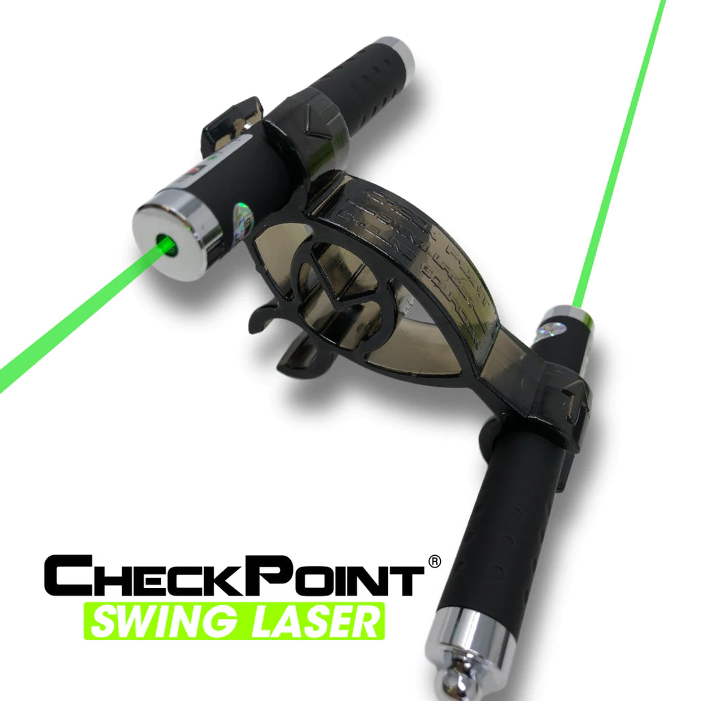 A golf training aid device called CheckPoint Swing Laser, with two green laser beams pointing in opposite directions, attached to a black bracket designed to be placed on a golf club.
