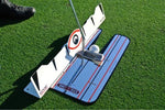 EyeLine Golf Classic Putting Mirror in use alongside the Edge putting training aid, with putter and ball centred at the gate on the green