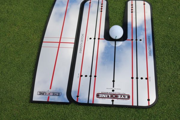 EyeLine Golf Shoulder Mirror Classic Large shown separated from and alongside the Classic Putting Mirror, both displaying red shoulder alignment lines and tee hole positions