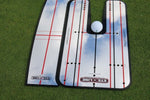 EyeLine Golf Shoulder Mirror Classic Large shown separated from and alongside the Classic Putting Mirror, both displaying red shoulder alignment lines and tee hole positions