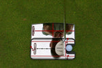 Overhead view of golfer reflected in the EyeLine Golf two-piece putting mirror system, showing eye alignment crosshairs and putter gate with ball at address
