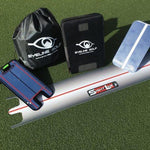 A collection of golf training aids from Eyeline Golf including a sight line base, a putting alignment mirror with level, a vertical mirror with level and stand, and a carry bag, displayed on a green surface.