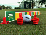 EyeLine Golf SloMo Screen System flat lay showing the colour-coded screen, Thumbs-Up smartphone holders, stand clips, and branded MyRoll ball on the green