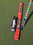 EyeLine Golf Sweet Roll Rail System shown with its red carry case and black zip pouch alongside the colour-coded rail, laid out on artificial turf