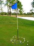 Eyeline Golf Target Circle set around a flagstick on a course green, with golf balls clustered inside and outside the ring for make-or-miss putting practice