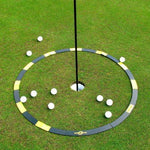 Eyeline Golf 3-foot Target Circle in grey and yellow surrounding a putting hole, with golf balls placed at various positions inside for short putt accuracy training