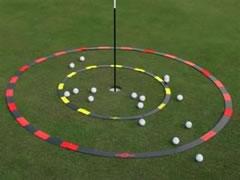 Two Eyeline Golf Target Circles nested around a flagstick at different distances, creating inner and outer putting zones for progressive distance control drills