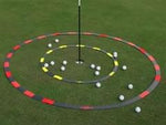 Two Eyeline Golf Target Circles nested around a flagstick at different distances, creating inner and outer putting zones for progressive distance control drills