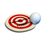 Eyeline Golf Target Hole disc with red bullseye design and golf ball resting on the edge, used for precision putting and chipping practice