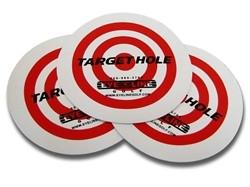 Three Eyeline Golf Target Hole discs stacked together showing red bullseye design, sold as a 3-pack for putting and chipping drills