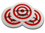Three Eyeline Golf Target Hole discs stacked together showing red bullseye design, sold as a 3-pack for putting and chipping drills