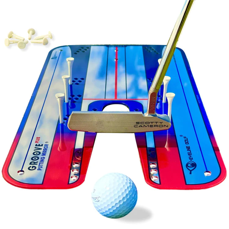 A putting mirror with a blue and red design, branded with Eyeline Golf, alongside a golf ball and a putter. The mirror is marked with various gates for precision training.