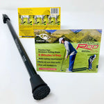A black Eyeline Pendulum Putting Rod with a yellow packaging that includes a practice aid and an instructional video.