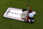 Eyeline Putting Alignment Mirror with a putter and golf ball on the green