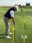 Diagram showing golfer at putting address with Eyeline Speed Trap 2.0, labelled arrows illustrating feet and shoulders, club path, face angle, and ball flight relationship