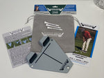 Flight Deck Putting Tour full kit laid out on a white surface showing the trainer, branded carry pouch with tee pegs, instruction card, and retail header card