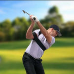 Side-on view of a golfer completing the backswing with the Flyt Golf Plane Strap visible across the chest, promoting on-plane shoulder and arm movement