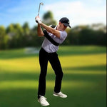 Full-body view of a golfer at the top of the backswing wearing the Flyt Golf Plane Strap, showing the strap maintaining arm connection through a full iron swing on a course