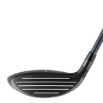 Fourteen GelongD FX-001 fairway wood face-on view showing the milled face, sole rails, and yellow accent detail on white background