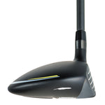 Fourteen GelongD FX-001 fairway wood showing toe-side profile with yellow sole accent and dark matte finish on white background