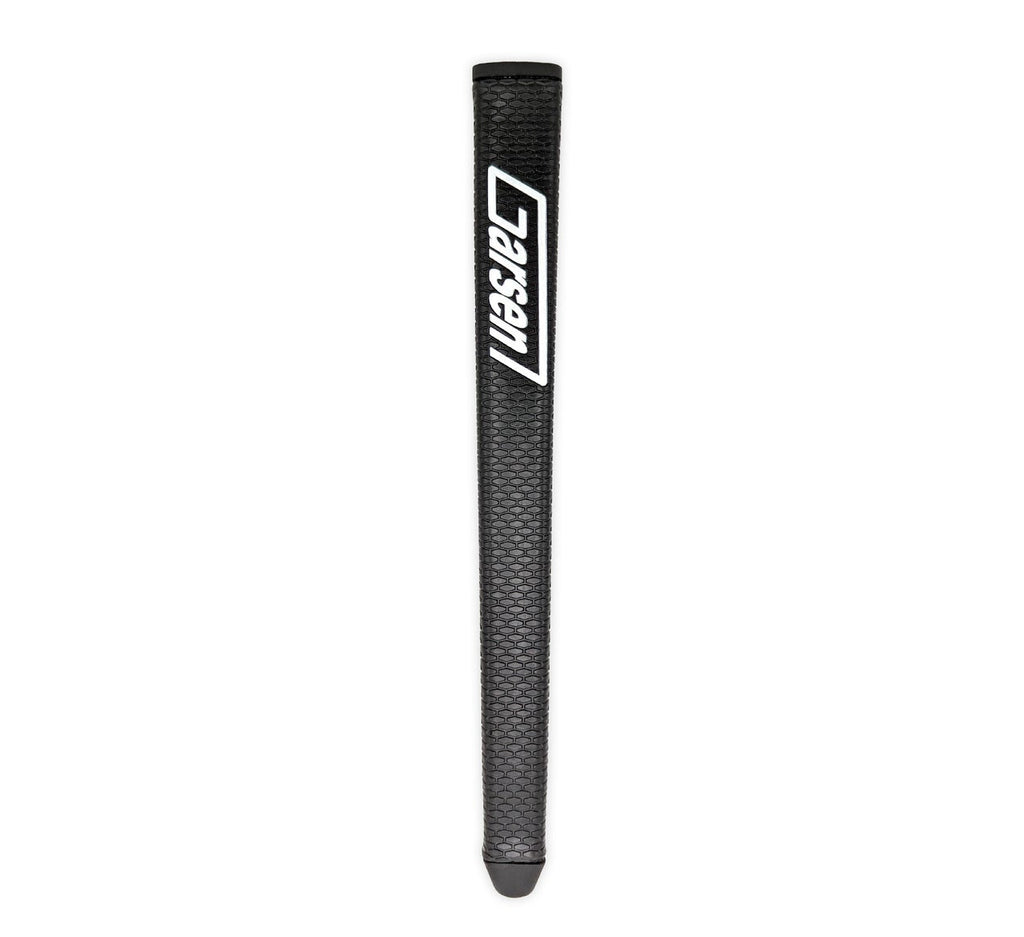 A black Garsen Quad Tour putter grip with a tapered design and the brand logo displayed prominently on the upper part.